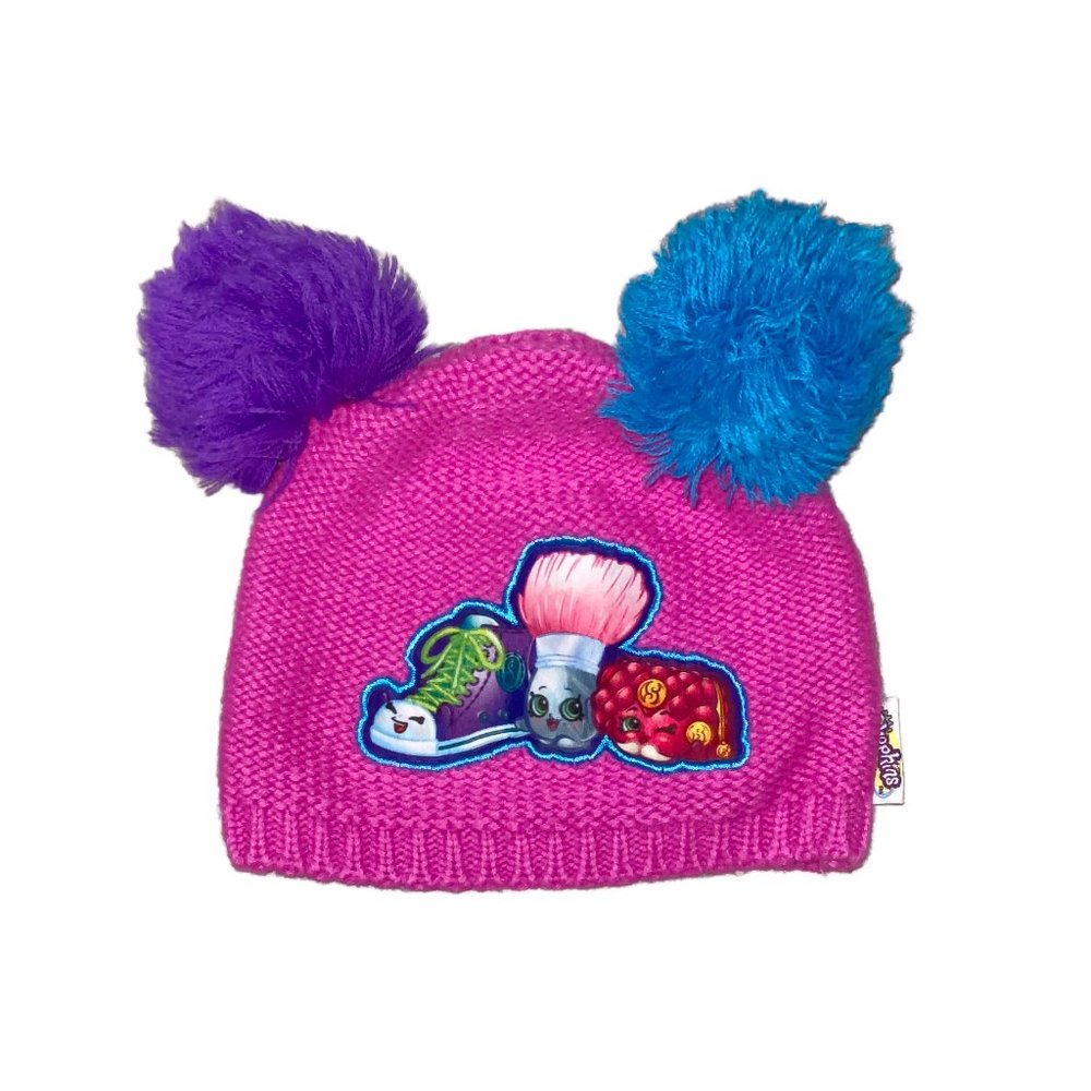 Girls SHOPKINS Knit Winter Hat - Hot Pink Beanie Cap w/ Blue & Purple Poofs